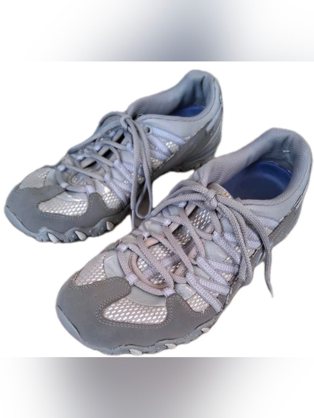 Sketchers Sneakers Womens Sz 8.5 Grey W/Blue, Walking, Leather & Mesh Upper